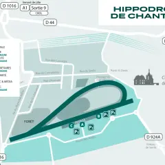 Plan de l'hippodrome de Chantilly, idéal pour organiser une sortie en famille. Accès par RER D ou routes D44, D909, D1016.