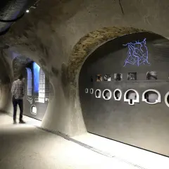 Visite du musée des égouts de Paris. Un visiteur observe une exposition sur le réseau d'assainissement, avec une carte lumineuse et des maquettes.