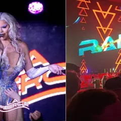 Une drag queen scintille sur scène à Paris, devant un logo lumineux. Ambiance festive dans ce bar trans.