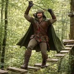 Un homme en costume de Robin des Bois traverse un pont suspendu dans un parc d'accrobranche, une aventure à Paris.