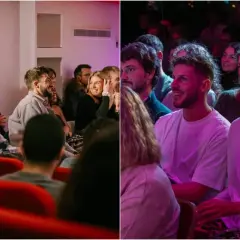 Des spectateurs rient aux éclats dans un **comedy club Paris gratuit**. Ambiance chaleureuse et humour garanti.