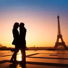Un couple s'embrasse au coucher du soleil à Paris, une idée date romantique parfaite.