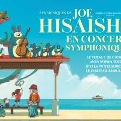 Affiche du concert symphonique de Joe Hisaishi, avec des personnages de Studio Ghibli et un orchestre de lapins.