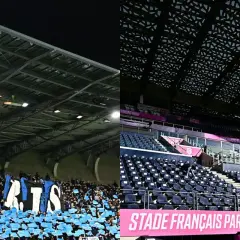 Le stade Jean Bouin, une fois plein de supporters brandissant une banderole "PARIS", et une autre fois, vide, révélant ses sièges bleus et roses.