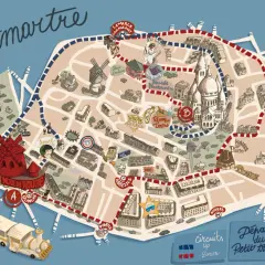 Carte de Montmartre avec le petit train touristique parisien, ses circuits et départs.