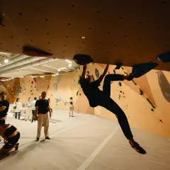 Grimpeurs s'entraînant à l'arkose de Strasbourg Saint-Denis, un mur d'escalade intérieur avec des prises colorées.