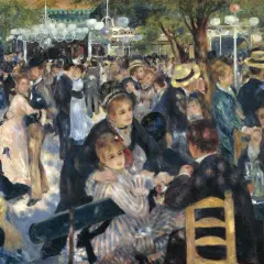 Scène animée d'une guinguette, où des couples dansent et conversent. Une **exposition Renoir** qui capture la joie de vivre.