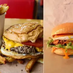 Deux burgers appétissants, l'un avec frites, l'autre avec œuf et roquette. Le meilleur burger Paris ? À vous de juger !