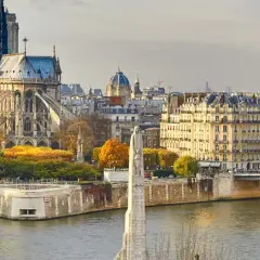 Vue panoramique de Paris en automne, avec la majestueuse Notre Dame de Paris dominant le paysage, bordée par la Seine et des arbres aux couleurs flamboyantes.