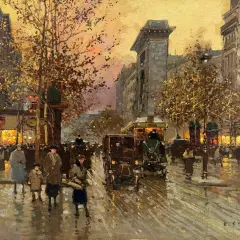 Scène parisienne animée par Édouard Cortés peintre, avec des fiacres, des voitures anciennes et des passants sous un ciel crépusculaire.