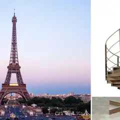 Escalier en colimaçon en métal, rappelant celui du 1er étage de la Tour Eiffel, sur fond blanc.