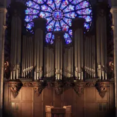 L'orgue majestueux de Notre-Dame, une vision éternelle, se dresse sous la rosace aux vitraux éclatants.