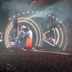 Concert des Black Eyed Peas à Paris, une foule immense sous un spectacle lumineux impressionnant.