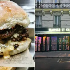 Gros burger dégoulinant de fromage, devant un restaurant à Paris avec l'enseigne lumineuse "Mangez et cassez-vous !".