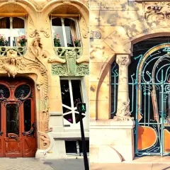 Portes et grilles ornementées, exemples d'art nouveau à Paris, avec des détails floraux et des figures féminines.