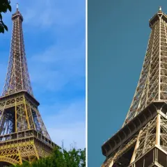 Deux vues de la **peinture Tour Eiffel** sous un ciel bleu. L'une est encadrée par des feuilles vertes, l'autre est un plan rapproché.