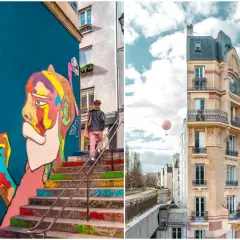 Escalier coloré et street art sur fond de ciel parisien, une invitation à une **paris secret sortie**.