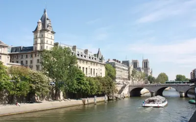 Bateau de croisière naviguant sur la Seine, passant sous un pont. Le quai de la photo est bordé d'arbres et de bâtiments parisiens.