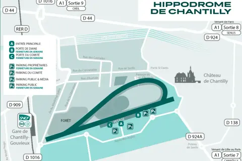 Plan de l'hippodrome de Chantilly, idéal pour organiser une sortie en famille. Accès par RER D ou routes D44, D909, D1016.