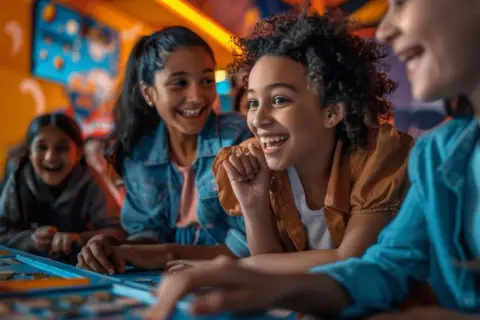 Des enfants rient en résolvant des énigmes, une aventure d'escape game à Paris pour enfants.