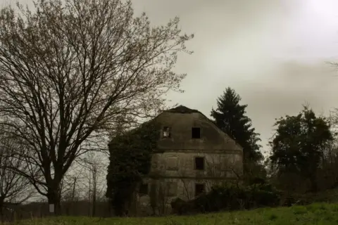 Une vieille maison abandonnée, envahie par la végétation, se dresse sous un ciel gris. On dirait une **maison hantée à Paris**, pleine de mystères.