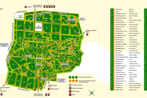 Plan du cimetière du Père Lachaise, avec ses divisions, monuments et allées.