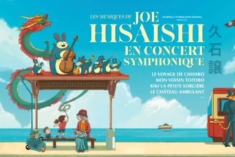 Affiche du concert symphonique de Joe Hisaishi, avec des personnages de Studio Ghibli et un orchestre de lapins.