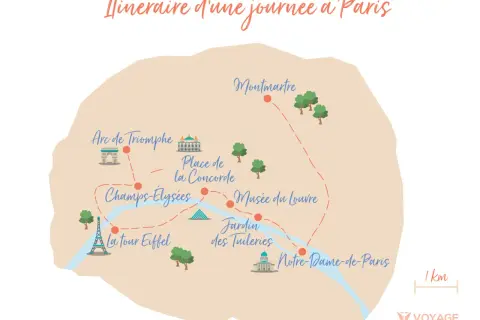 Carte d'un itinéraire pour visiter Paris en 1 jour : Tour Eiffel, Louvre, Notre-Dame, Montmartre.