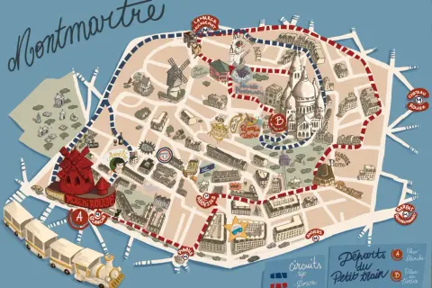Carte de Montmartre avec le petit train touristique parisien, ses circuits et départs.