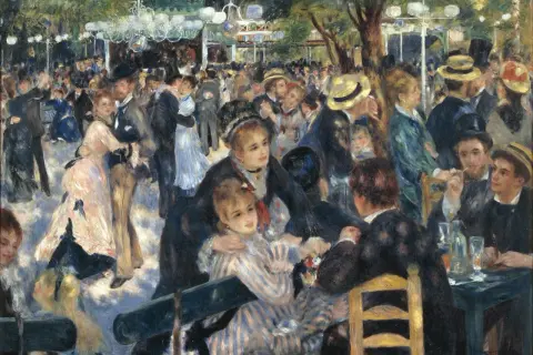 Scène animée d'une guinguette, où des couples dansent et conversent. Une **exposition Renoir** qui capture la joie de vivre.