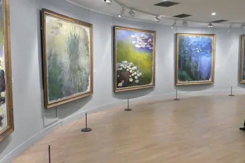 Des tableaux de nénuphars de Monet, dans une salle d'exposition du musée de Paris.