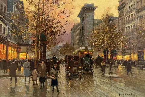 Scène parisienne animée par Édouard Cortés peintre, avec des fiacres, des voitures anciennes et des passants sous un ciel crépusculaire.