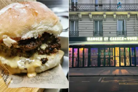 Gros burger dégoulinant de fromage, devant un restaurant à Paris avec l'enseigne lumineuse "Mangez et cassez-vous !".