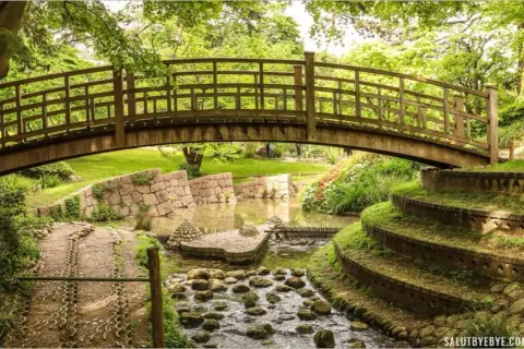 Pont en bois au-dessus d'un ruisseau dans le jardin du musée départemental Albert-Kahn.