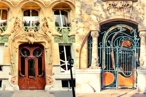 Portes et grilles ornementées, exemples d'art nouveau à Paris, avec des détails floraux et des figures féminines.