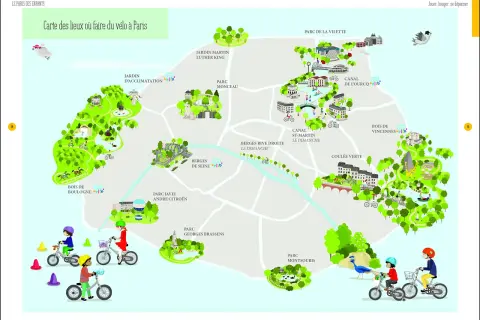 Carte des lieux pour faire du vélo à Paris, avec des enfants à vélo et des parcs. Idéal pour des activités enfants Paris gratuit.