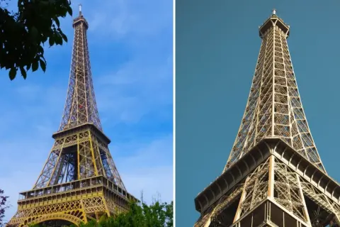 Deux vues de la **peinture Tour Eiffel** sous un ciel bleu. L'une est encadrée par des feuilles vertes, l'autre est un plan rapproché.