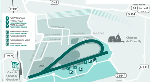 Plan de l'hippodrome de Chantilly, idéal pour organiser une sortie en famille. Accès par RER D ou routes D44, D909, D1016.