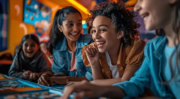 Des enfants rient en résolvant des énigmes, une aventure d'escape game à Paris pour enfants.