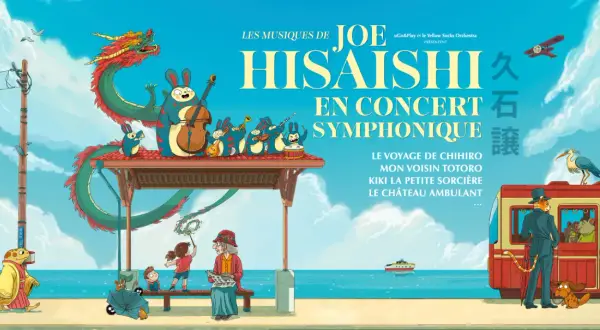 Affiche du concert symphonique de Joe Hisaishi, avec des personnages de Studio Ghibli et un orchestre de lapins.