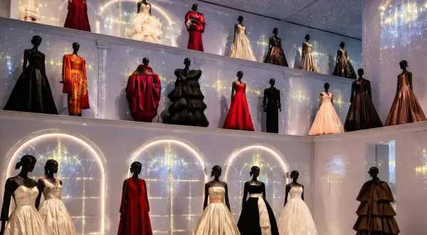 Élégantes robes de haute couture sur mannequins, une **exposition mode Paris** féerique sous un ciel étoilé.