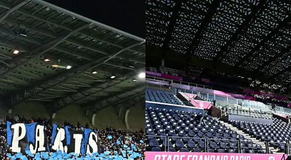 Le stade Jean Bouin, une fois plein de supporters brandissant une banderole "PARIS", et une autre fois, vide, révélant ses sièges bleus et roses.