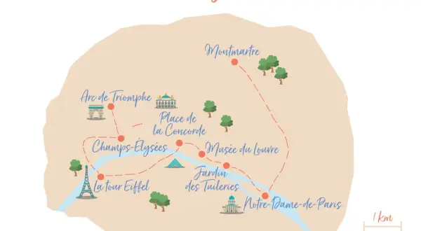 Carte d'un itinéraire pour visiter Paris en 1 jour : Tour Eiffel, Louvre, Notre-Dame, Montmartre.