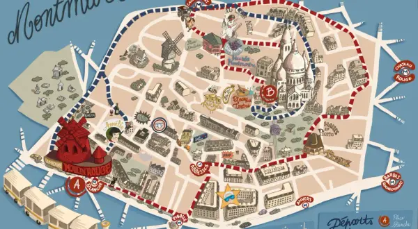 Carte de Montmartre avec le petit train touristique parisien, ses circuits et départs.