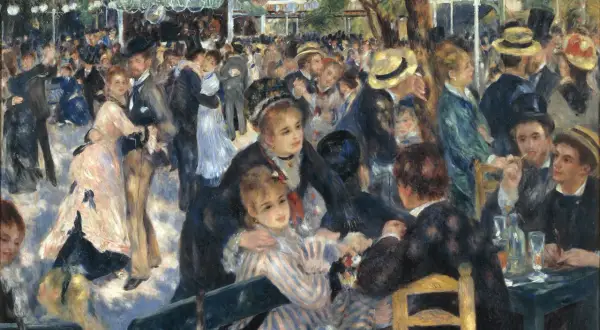 Scène animée d'une guinguette, où des couples dansent et conversent. Une **exposition Renoir** qui capture la joie de vivre.