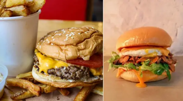 Deux burgers appétissants, l'un avec frites, l'autre avec œuf et roquette. Le meilleur burger Paris ? À vous de juger !