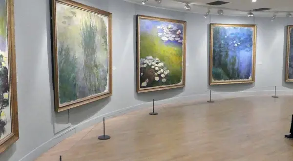 Des tableaux de nénuphars de Monet, dans une salle d'exposition du musée de Paris.