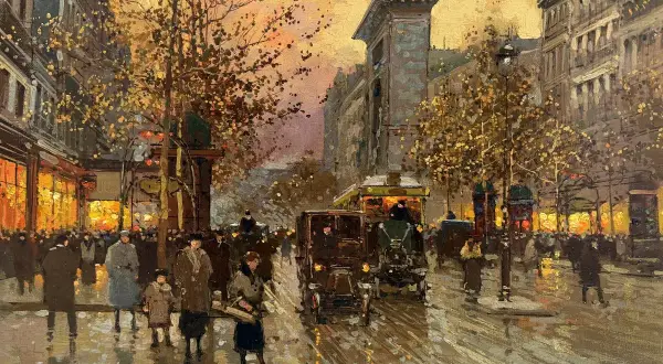 Scène parisienne animée par Édouard Cortés peintre, avec des fiacres, des voitures anciennes et des passants sous un ciel crépusculaire.