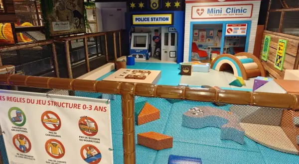 Aire de jeu pour enfants à Paris avec une station de police, une mini-clinique et des structures ludiques. Sept carrés colorés pour le jeu.