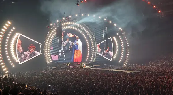 Concert des Black Eyed Peas à Paris, une foule immense sous un spectacle lumineux impressionnant.